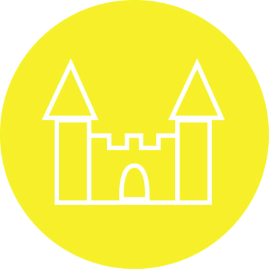 bouncehouse button, yellow background with simple bouncehouse graphic