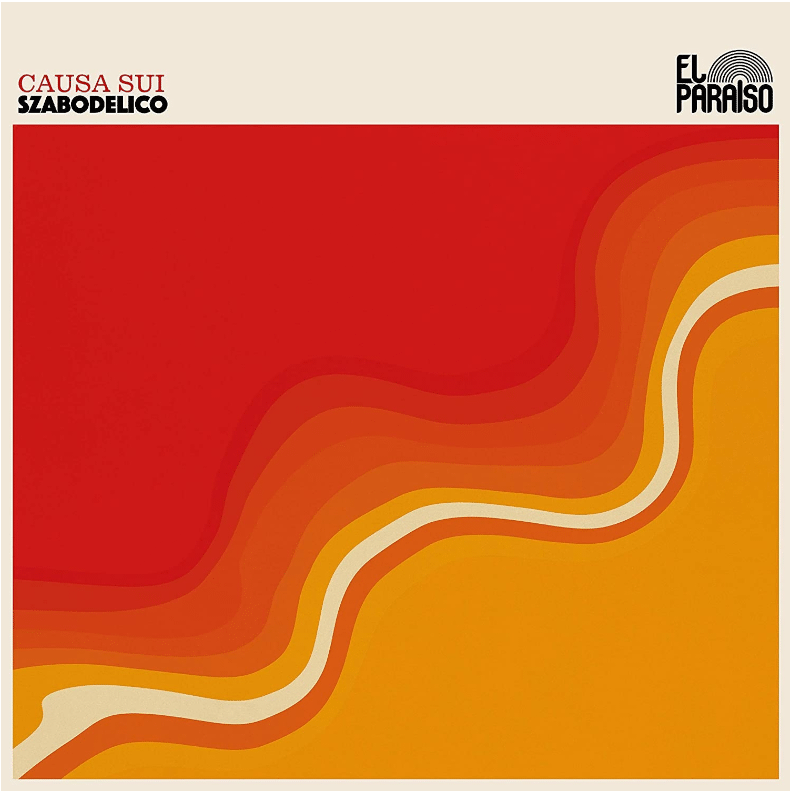 The album cover for Szabodelico by Causa Sui is shown. It depicts a rendering of a birds eye view of a red sea and an orange shore.